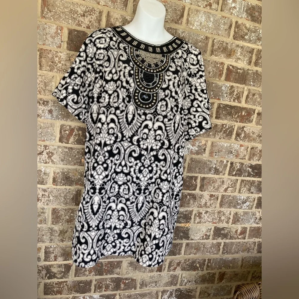 Dina Be Black & White Paisley Beaded Flutter Sleeves Sz M Dress
